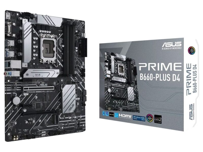 Carte mère ASUS PRIME B660-PLUS D4 avec support des processeurs Intel de 12e génération et prise en charge de la mémoire DDR4.
