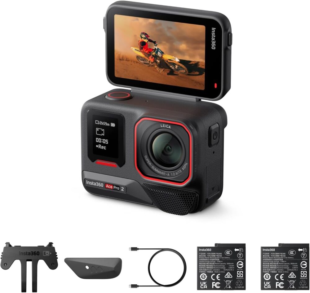 Caméra d’action Insta360 Ace Pro 2 avec objectif Leica et écran rabattable.