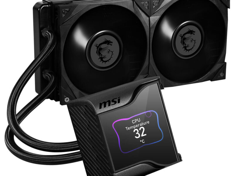 MSI MEG CORELIQUID S280 Watercooling AIO CPU 280mm avec écran IPS affichant des statistiques du système.