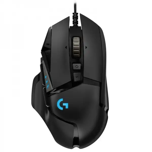 Vue de la souris Logitech G502 Hero avec ses boutons latéraux et éclairage RGB actif