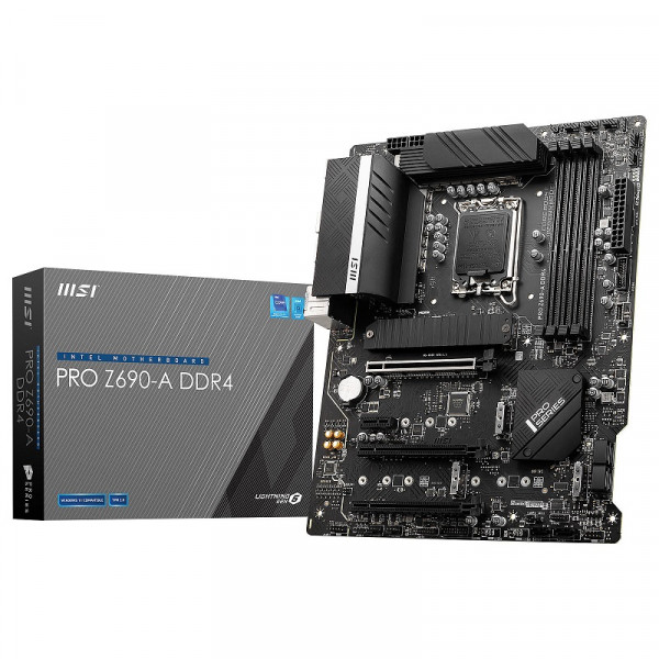 Carte mère MSI PRO Z690-A DDR4 avec dissipateur thermique et slots d'extension.
