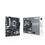 Vue rapprochée de la carte mère ASUS PRIME B760M-K D4, présentant ses slots d'extension, dissipateurs thermiques et connecteurs, mettant en évidence les composants clés de l'ASUS PRIME B760M-K D4.