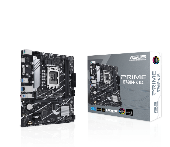 Vue rapprochée de la carte mère ASUS PRIME B760M-K D4, présentant ses slots d'extension, dissipateurs thermiques et connecteurs, mettant en évidence les composants clés de l'ASUS PRIME B760M-K D4.