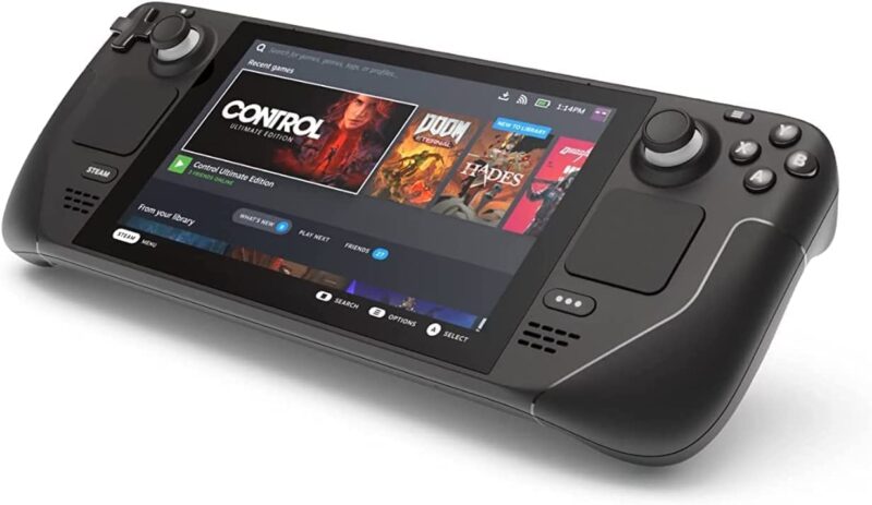 Console Steam Deck 64 GB noire avec écran tactile allumé