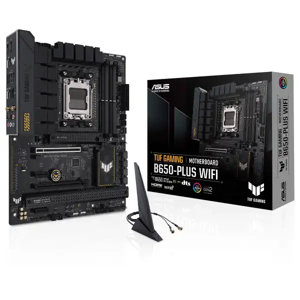 Carte mère ASUS TUF GAMING B650-PLUS WIFI avec socket AMD AM5, support DDR5, PCIe 5.0, LAN 2.5 GbE et Wi-Fi 6 pour des performances optimales en gaming et création de contenu.